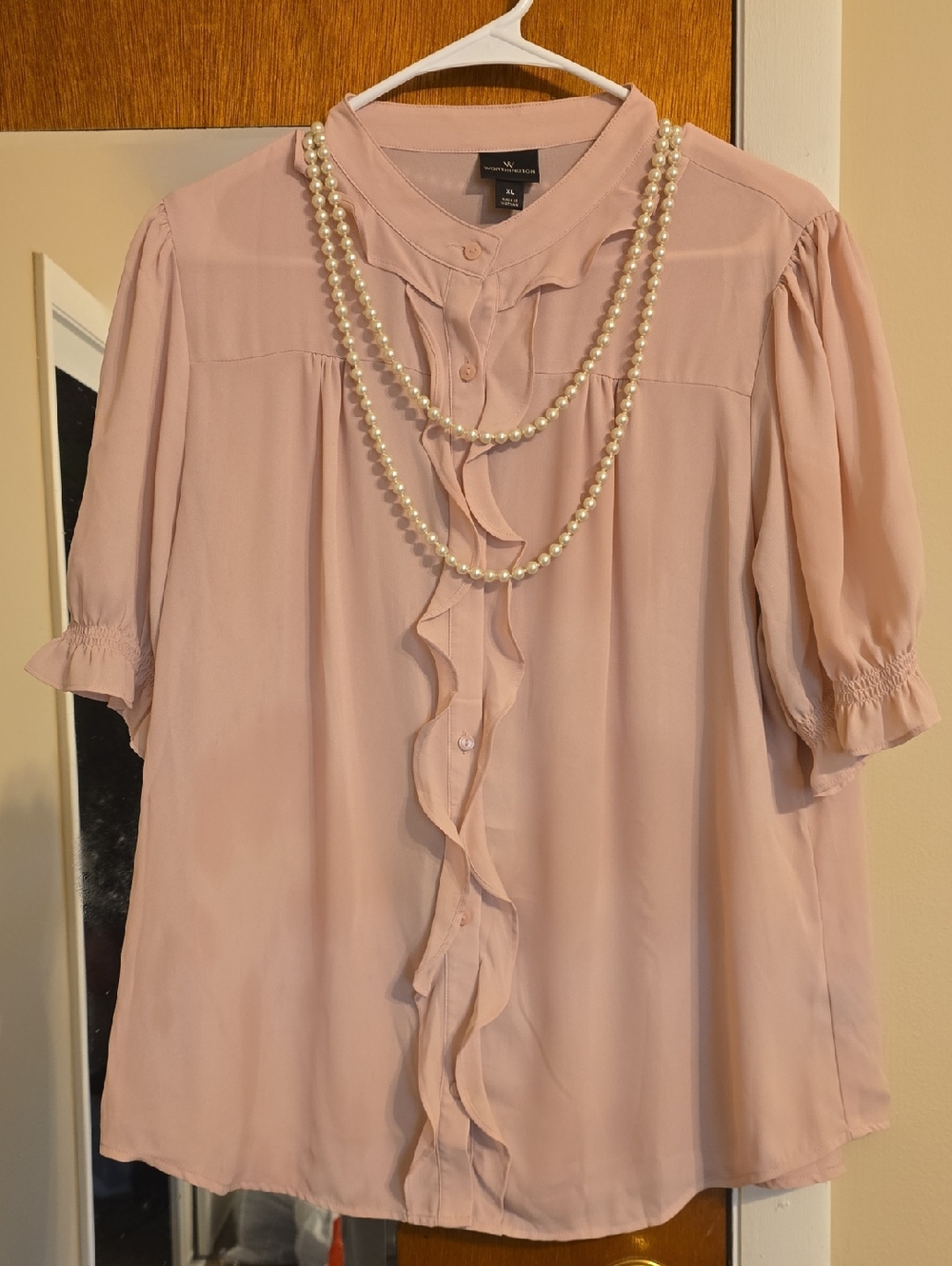 Worthington Soft Blush Ruffle Front Short Sleeve Blouse